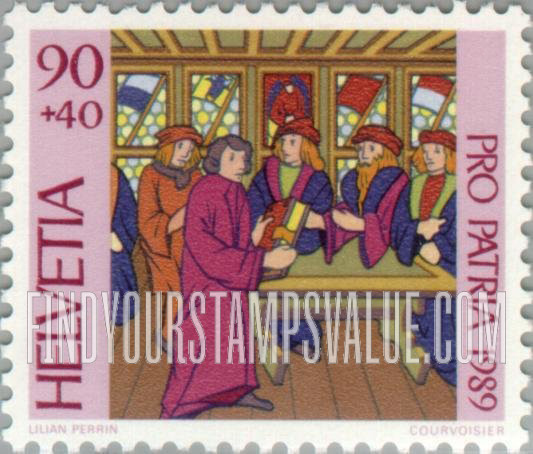 FindYourStampsValue: Semi-Postal, 700 Years of Art and Culture, Illuminations in Zurich Central, Bern Burgher and Lucerne Central libraries: Schilling presenting manuscript to the mayor and councilmen in the council chamber, Lucerne, c. 1500, Diebold Schilling’s Lucerne Chronicle, 1513