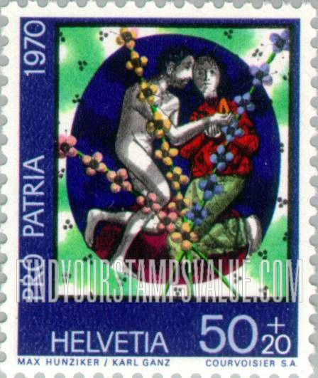 FindYourStampsValue: Semi-Postal, Contemporary Stained Glass Windows: Man and Woman, by Max Hunziker and Karl Ganz