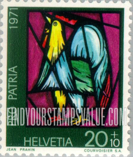 FindYourStampsValue: Semi-Postal, Art, Contemporary Stained Glass Windows: Cock, by Jean Prahin