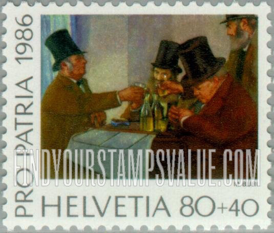 FindYourStampsValue: Semi-Postal, Paintings in National Museums, Swiss art: After the Funeral, 1905, by Max Buri (1868-1915)