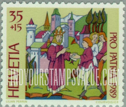 FindYourStampsValue: Semi-Postal, 700 Years of Art and Culture, Illuminations in Zurich Central, Bern Burgher and Lucerne Central libraries: King Friedrich II presenting Bern municipal charter, 1218, Bendicht Tschachtlan Chronicle, 1470