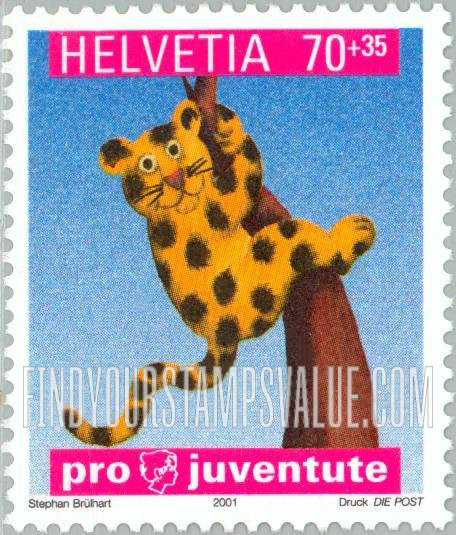 FindYourStampsValue: Semi-Postal, Pro Juventute, Art from children’s books: Leopold the Leopard, from Leopold and the Sun, by Stephan Brülhart