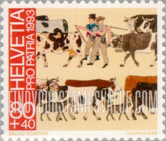 FindYourStampsValue: Semi-Postal, Swiss Folk Art: Painting of cattle drive, by Sylvestre Pidoux