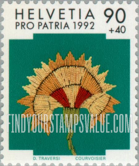 FindYourStampsValue: Semi-Postal, Swiss Folk Art: Embroidered silk carnation, Grisons