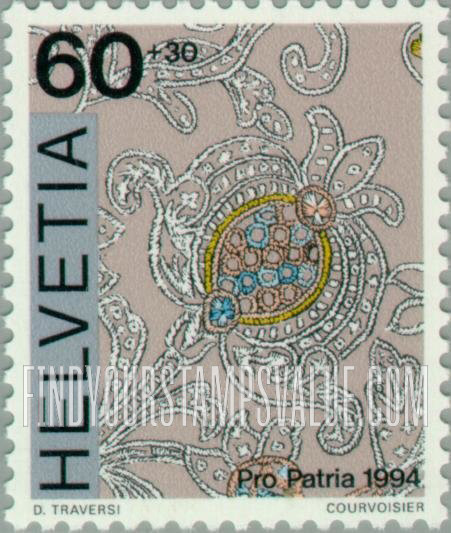 FindYourStampsValue: Semi-Postal, Swiss Folk Art: Linen-embroidered pomegranate