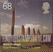 FindYourStampsValue: Great Britain (United Kingdom): UNESCO World Heritage Sites in Great Britain and Australia - Heart of Neolithic Orkney, Scotland