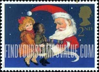 FindYourStampsValue: Great Britain (United Kingdom): Christmas Crackers - Santa as Man in Moon sharing Cracker with Two Children