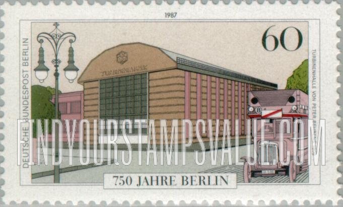FindYourStampsValue: BERLIN - Berlin 750th Anniversary Type of Germany: AEG Company turbine construction building, by architect Walter Behrens, 1909