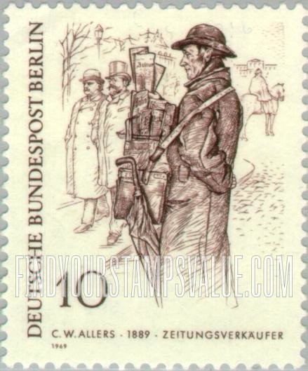 FindYourStampsValue: BERLIN - 19th Century Berliners: Newspaper Vendor by Christian Wilhelm Allers