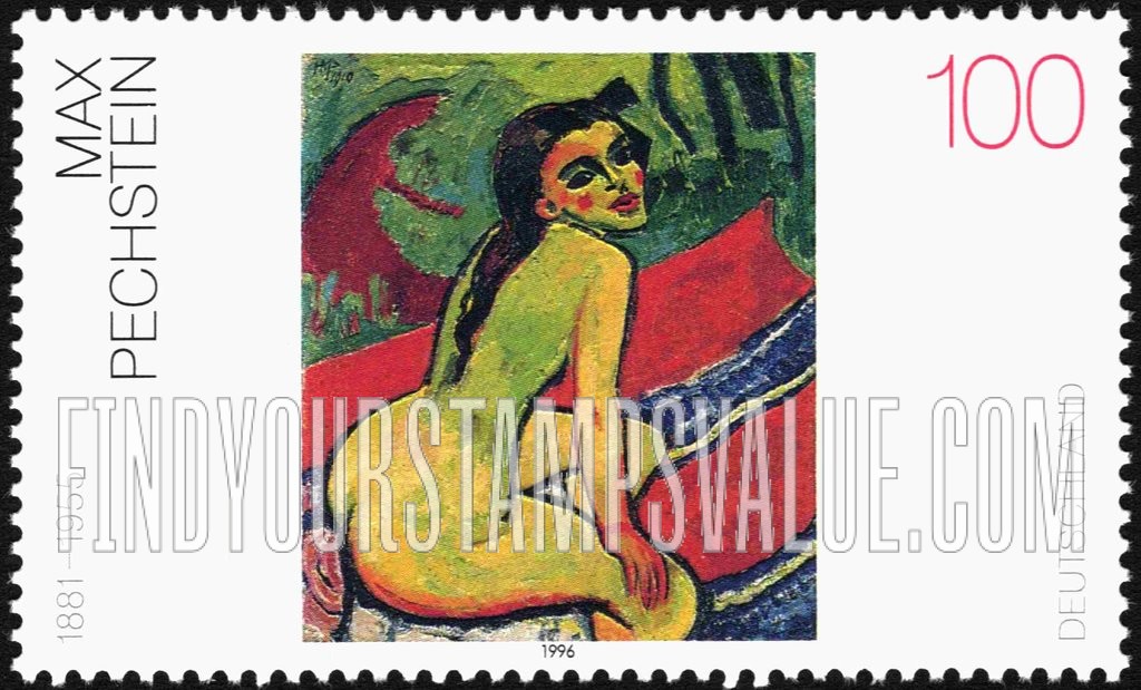 FindYourStampsValue: 20th Century German Paintings Type of 1993: Sitting Female Nude, by Max Pechstein (1881-1955)