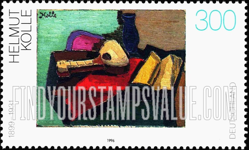 FindYourStampsValue: 20th Century German Paintings Type of 1993: Still Life with Guitar, Book and Vase, by Helmut Kolle (1899-1931)