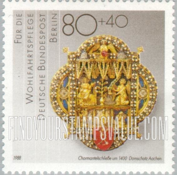FindYourStampsValue: OCCUPATION SEMI-POSTAL - Artifacts Type of 1988: Cope clasp, c. 1400, Aachen cathedral