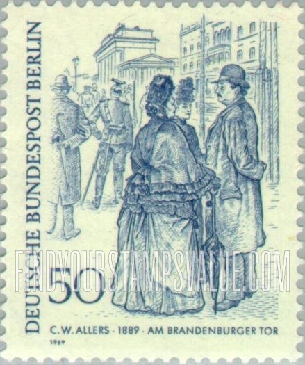 FindYourStampsValue: BERLIN - 19th Century Berliners: Strollers at Brandenburg Gate, by Christian W. Allers