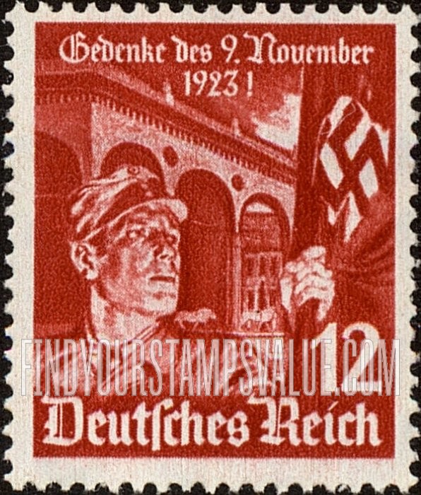FindYourStampsValue: 12th Anniversary of the First Hitler "Putsch" at Munich - Nazi Flag Bearer and Feldherrnhalle at Munich
