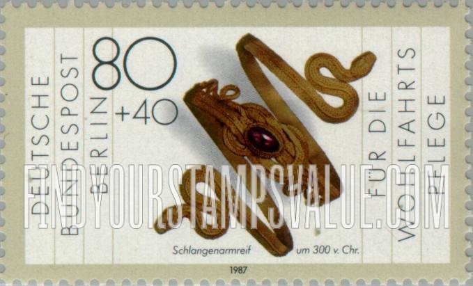 FindYourStampsValue: OCCUPATION SEMI-POSTAL - Gold and Silver Artifacts Type of 1987: Snake bracelet, 300 B.C.