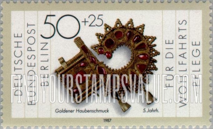 FindYourStampsValue: OCCUPATION SEMI-POSTAL - Gold and Silver Artifacts Type of 1987: Bonnet ornament, 5th centennial