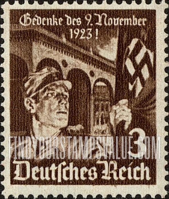 FindYourStampsValue: 12th Anniversary of the First Hitler "Putsch" at Munich - Nazi Flag Bearer and Feldherrnhalle at Munich