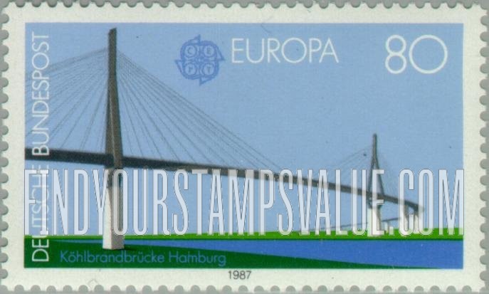 FindYourStampsValue: Europa 1987: Kohlbrand Bridge, 1974, Hamburg, designed by Thyssen Engineering