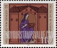 FindYourStampsValue: 800th Death Anniversary of Hildegard von Bingen, Benedictine Nun, Mystic and Writer - Hildegard von Bingen with Manuscript