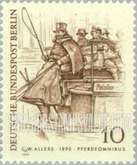 FindYourStampsValue: BERLIN - 19th Century Berliners: Horse omnibus, coachman and passengers, 1890, by C. W. Allers