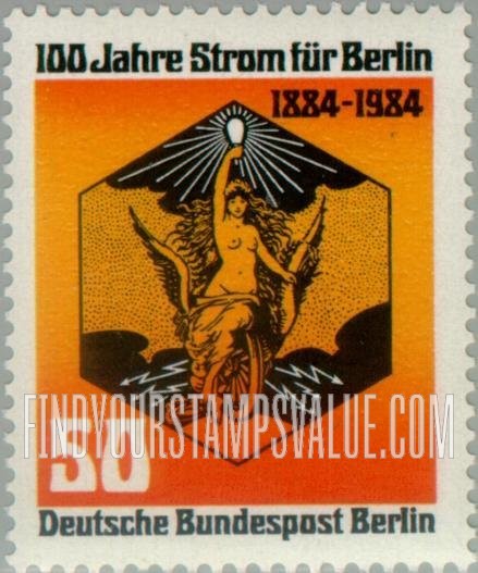 FindYourStampsValue: BERLIN - Electricity Centenary: Allegorical figure holding light bulb (symbol of electric power)