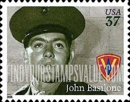 FindYourStampsValue: DISTINGUISHED MARINES - Sgt. John Basilone, 5th Marine Division Insignia, Self-Adhesive stamp