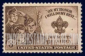 FindYourStampsValue: BOY SCOUTS - Three Boys, Statue of Liberty and Scout Badge