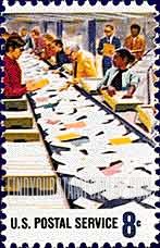 FindYourStampsValue: POSTAL SERVICE EMPLOYEES - Letter Facing on Conveyor Belt