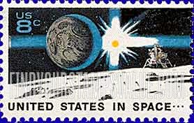 FindYourStampsValue: SPACE ACHIEVEMENT DECADE - Earth, Sun, Landing Craft on Moon