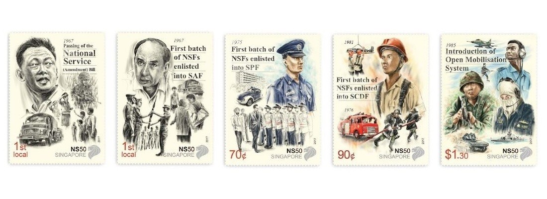 Celebrating 50 years of National Service.Singapore Post unveiled six limited edition stamps on the occasion