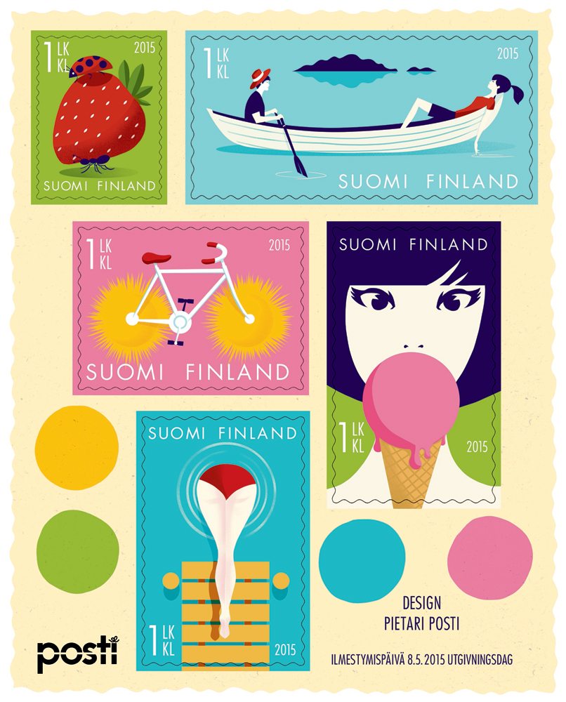 Five summer highlights depicted on a funny stamp issue