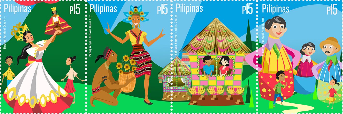 Filipino Fiesta as the greatest national celebration. 4 colourful stamps released by Philippines Post