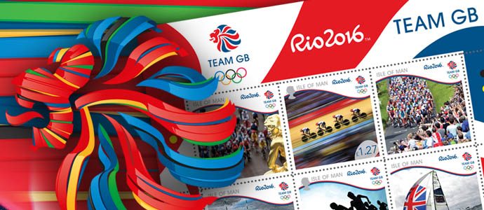 Team GB Stamp collectables for Rio 2016 Olympic Games. A bright sheetlet of 12 stamps released by Isle of Man Post