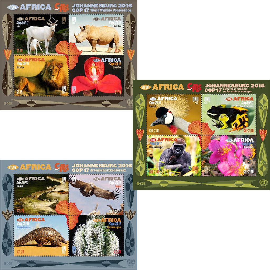 Endangered animal species of Africa. 12 rising people’ awareness stamps introduced by UNPA