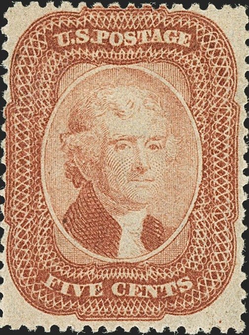 Thomas Jefferson 1858 5c brick red stamp is to star at the next Siegel auction It is expected to be sold for around US$80,000!