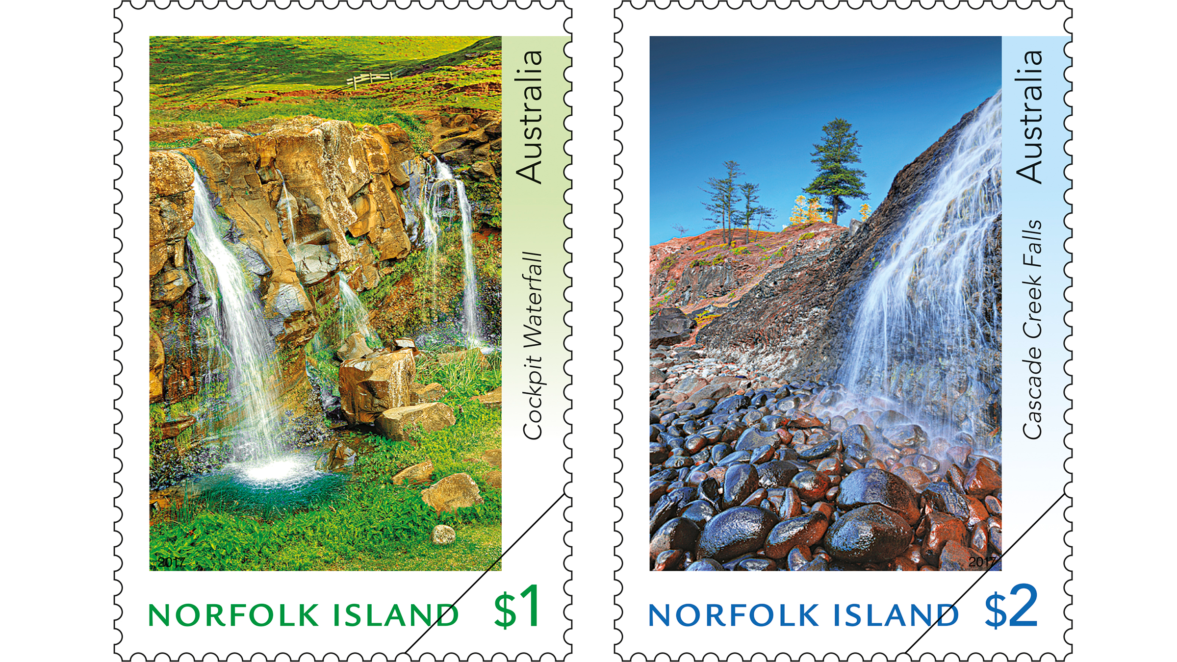 Gorgeous Waterfalls of Norfolk Islands. Two bright stamps introduced by Australia Post