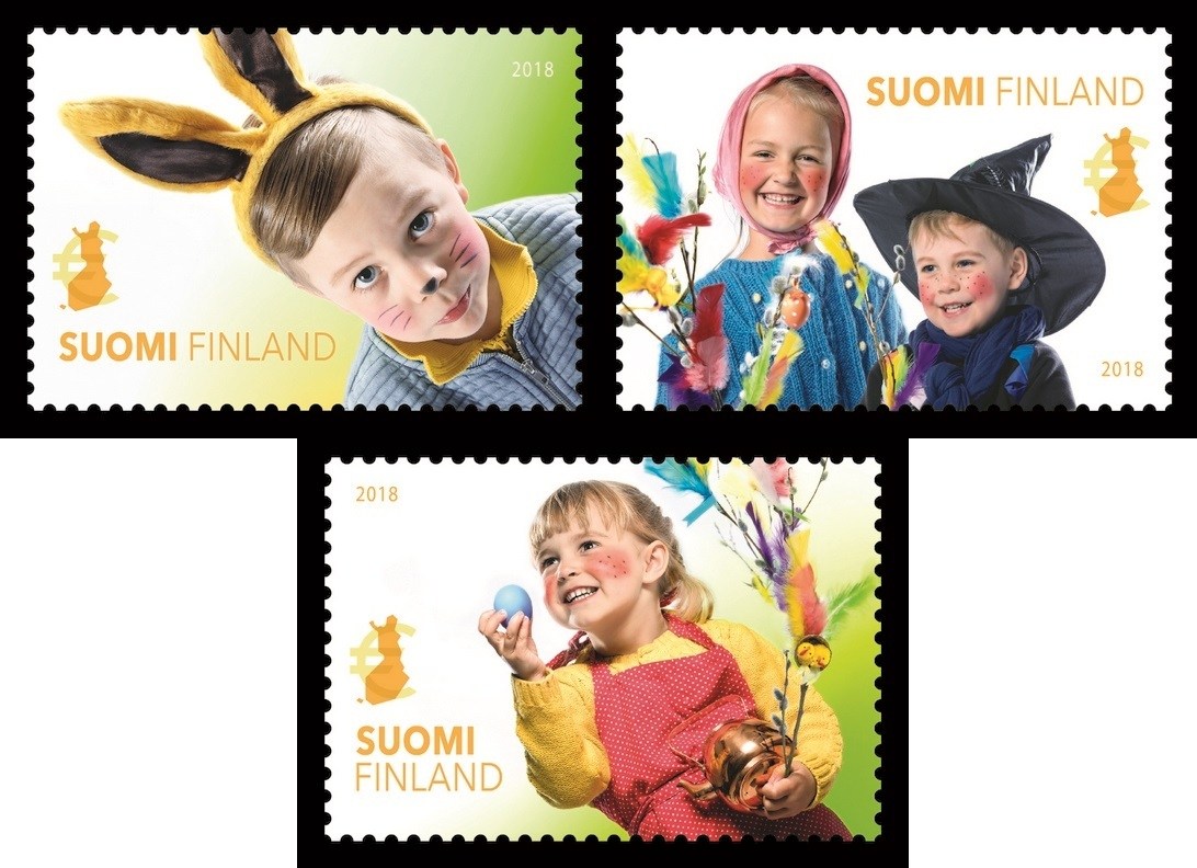 Children’s Easter fun on February's stamps. Three bright spring stamps released by Finland Post