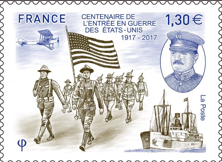 The 100th Anniversary of USA entering WWI marked La Poste. One special commemorative stamp issued by France Post
