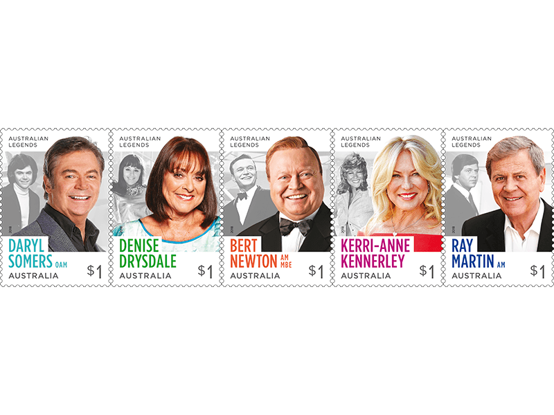 Legends of TV Entertainment 2018 marked by Australia Post. Five special items introduced