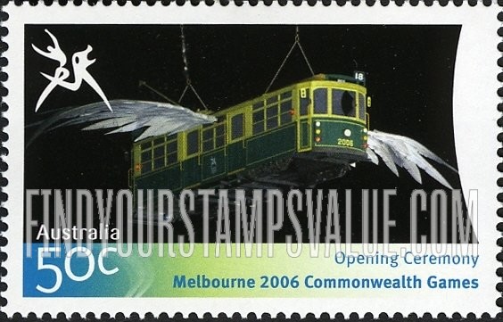 FindYourStampsValue: Highlights of Commonwealth Games: Trolley car with wings