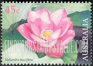 FindYourStampsValue: Australia — Thailand Diplomatic Relations, 50th Anniversary: Nelumbo nucifera