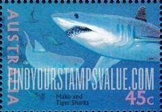 FindYourStampsValue: The World Down Under: Mako & tiger sharks