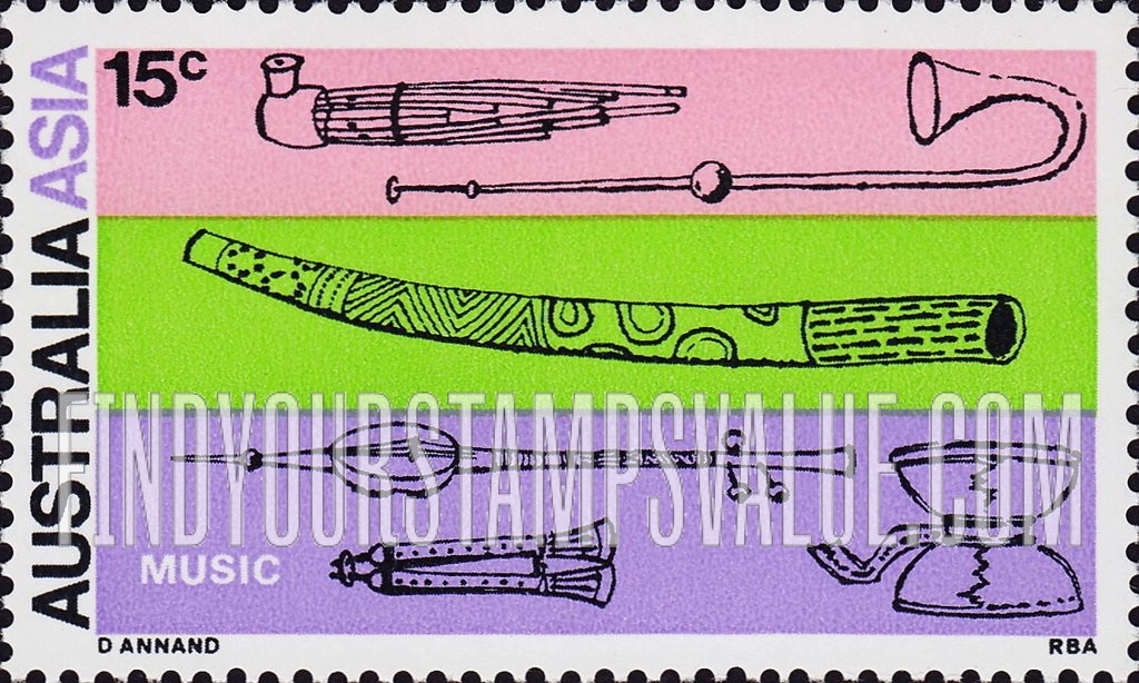 FindYourStampsValue: Chinese pipe, trumpet, Australian aboriginal didgeridoo, Thai fiddle, Indian double oboe, Tibetan drums