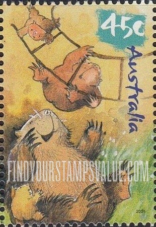 FindYourStampsValue: Caricatures of Australian Wildlife by Roland Harvey: Wombat and ladder
