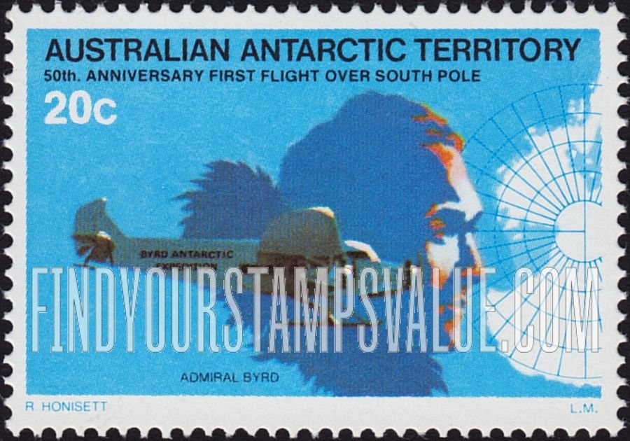FindYourStampsValue: AUSTRALIAN ANTARCTIC TERRITORY: Admiral Byrd, Floyd Bennett trimotored plane, map of Antarctica