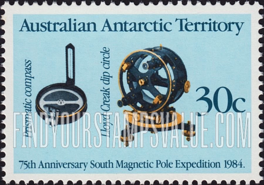 FindYourStampsValue: AUSTRALIAN ANTARCTIC TERRITORY - South Magnetic Pole Expedition 75th Anniversary: Prismatic compass