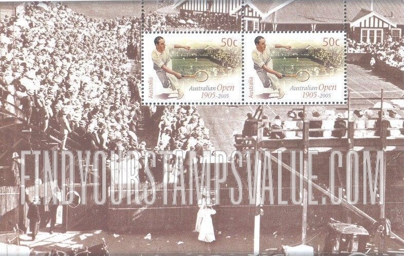 FindYourStampsValue: Australian Tennis Open, Centennial: Male player, tennis court and stands, 1905
