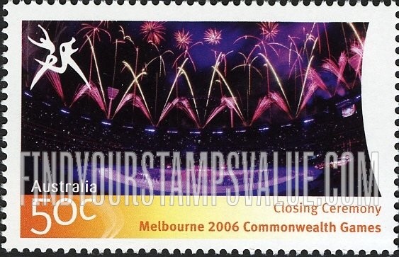 FindYourStampsValue: Highlights of Commonwealth Games: Darkened stadium and fireworks