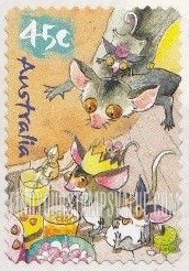 FindYourStampsValue: Caricatures of Australian Wildlife by Roland Harvey: Ring-tailed possums with drinks and food