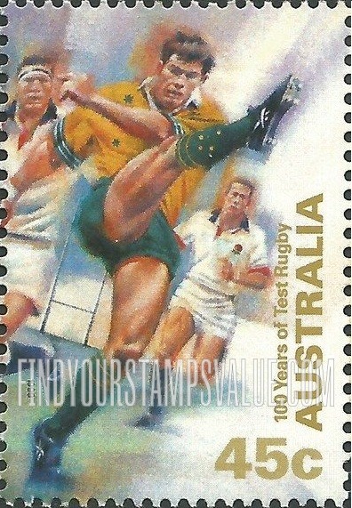 FindYourStampsValue: Test Rugby in Australia, Centennial: Kicking ball, vertical